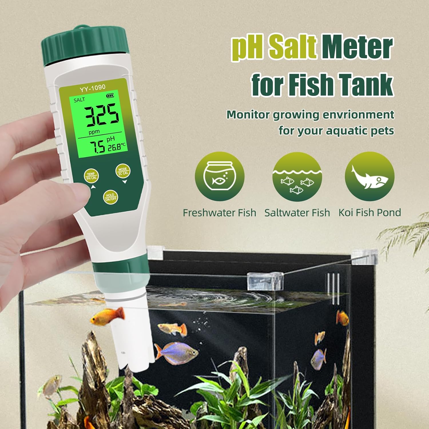 pH Meter for Water Hydroponics, 5-in-1 pH TDS EC Salt Tester for Water Nutrient Solution, Simultaneous Display of pH