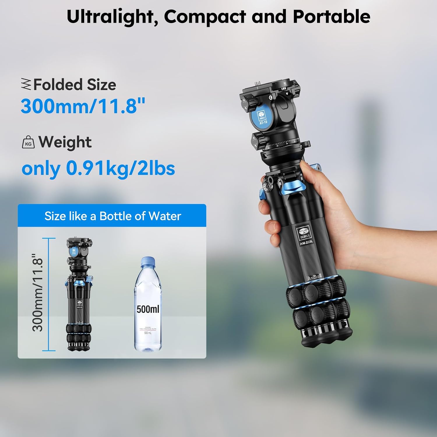 AM-223L+AT-10 Carbon Fiber Tabletop Video Tripod Kit, Fluid Head | 11LB Load, Compact, Lightweight, DSLR, Mirrorless
