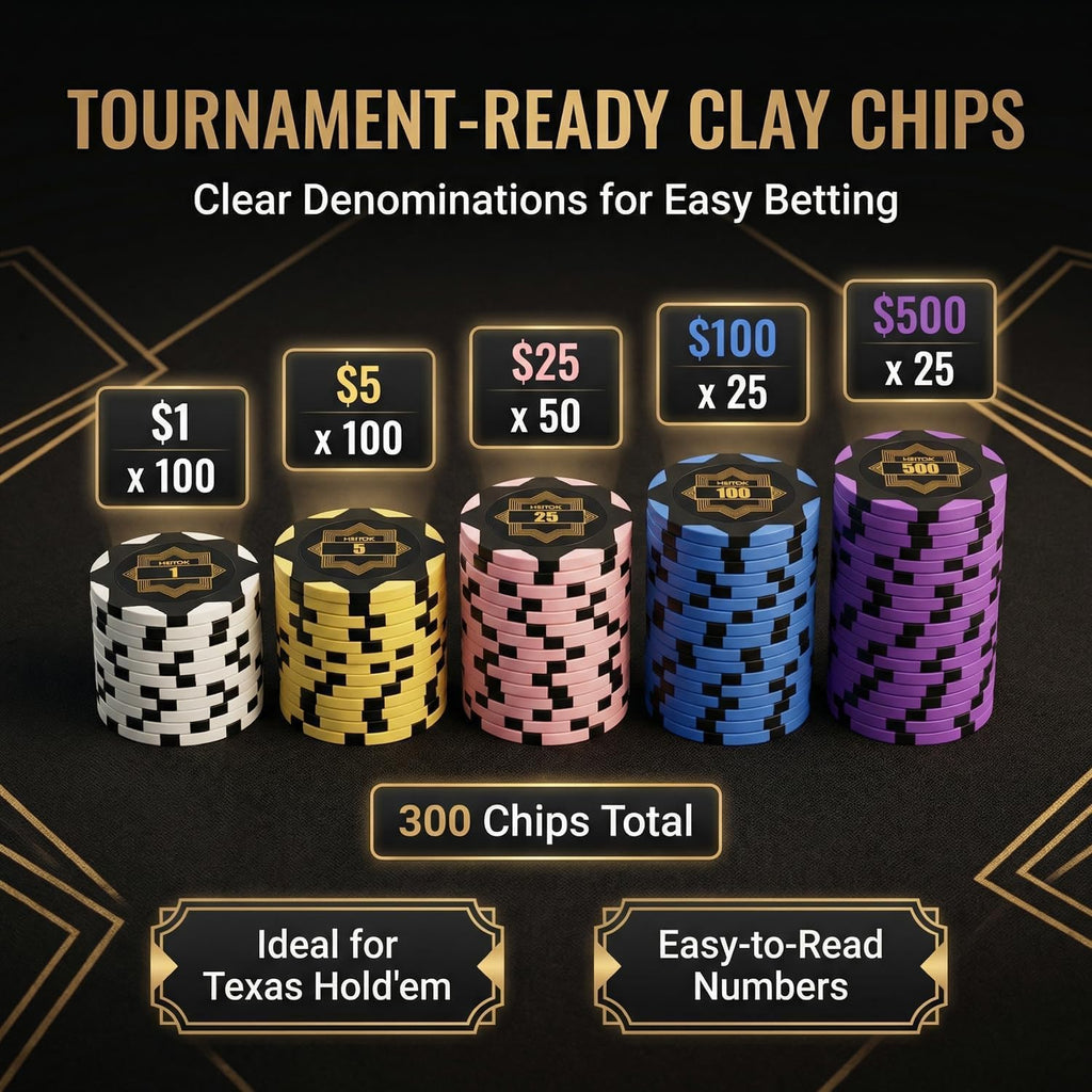 300-Piece Clay Poker Chip Set with Numbered 14g Chips Case | Complete poker chip set for 2 to 8 players with cards