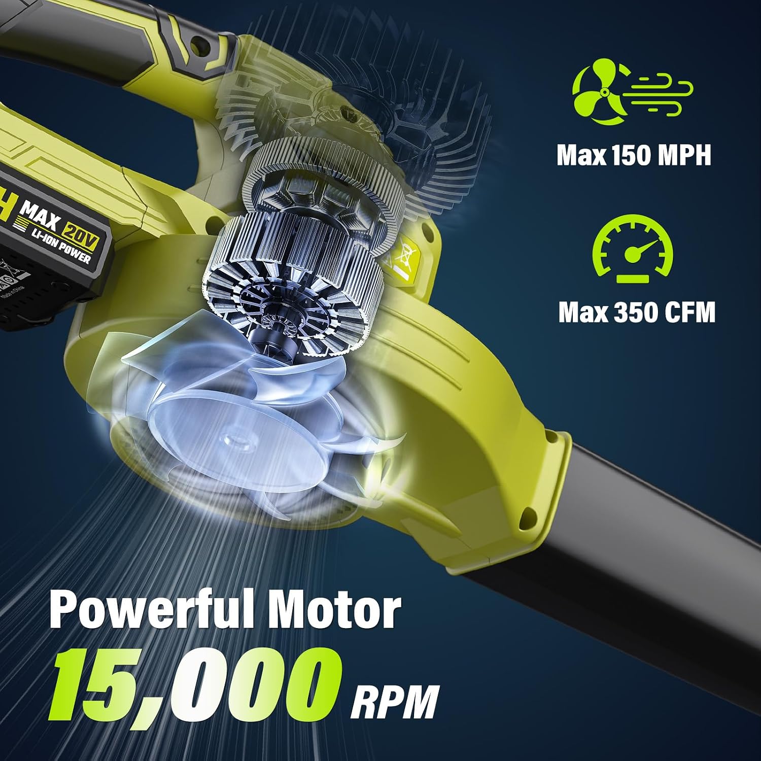 Leaf Blower 20V Cordless, with 2 x 2.0Ah Battery, 350 CFM 150 MPH | 15000 RPM
