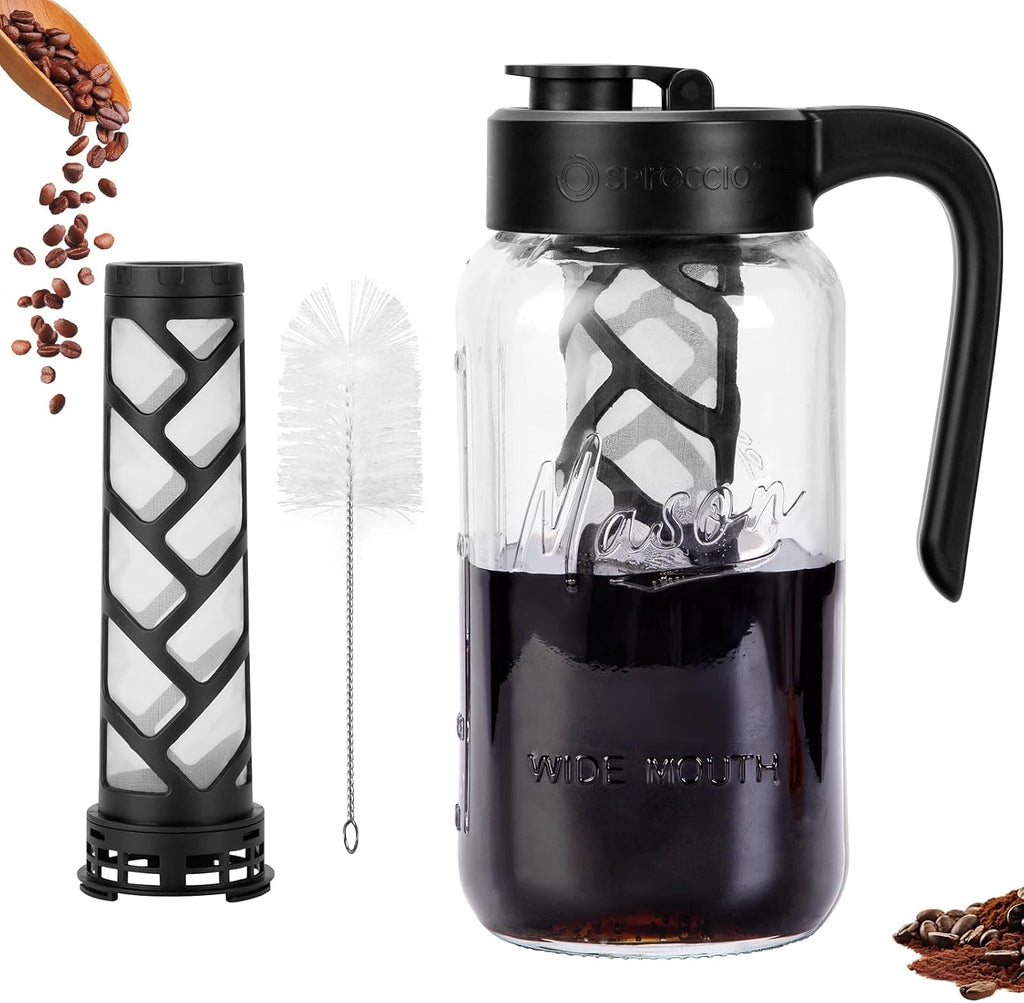 Cold Brew Coffee Maker Glass, 64 oz Mason Jar Pitcher | Airtight, Leakproof, Fridge Safe, Dishwasher Safety