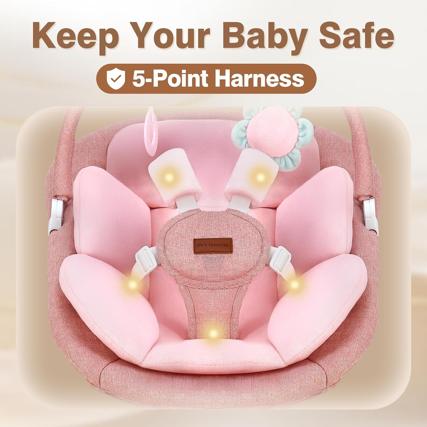 Portable Baby Swing with Remote Control Bluetooth Music 5-Speed Timer Pink | 5‑point safety harness, machine washable