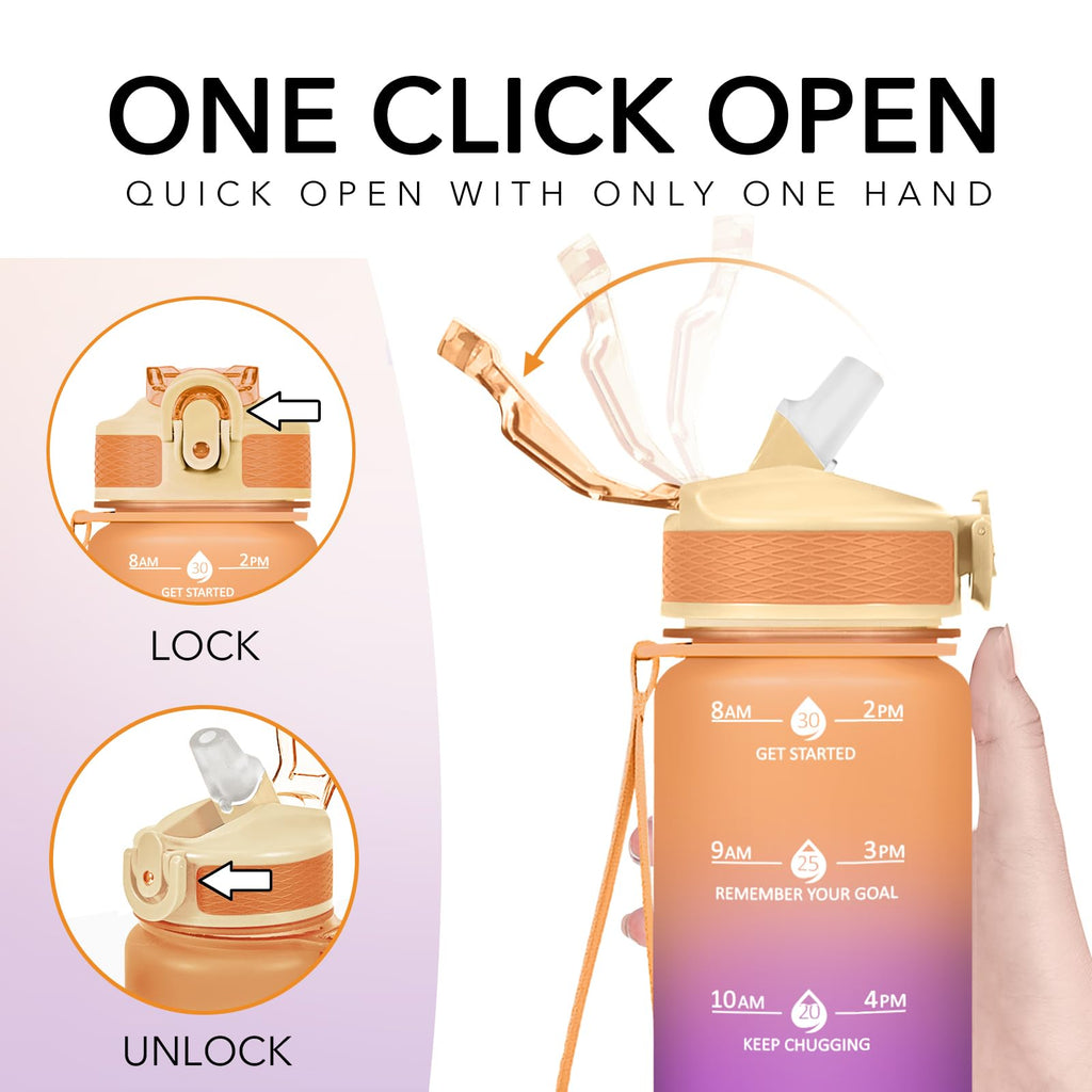 Plastic Water Bottle With Straw & Time Marker, 32oz Leakproof Jug