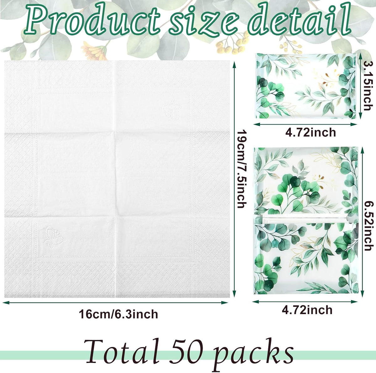50 Pack Travel Tissue Packets Facial Paper Napkins, Eucalyptus Leaf