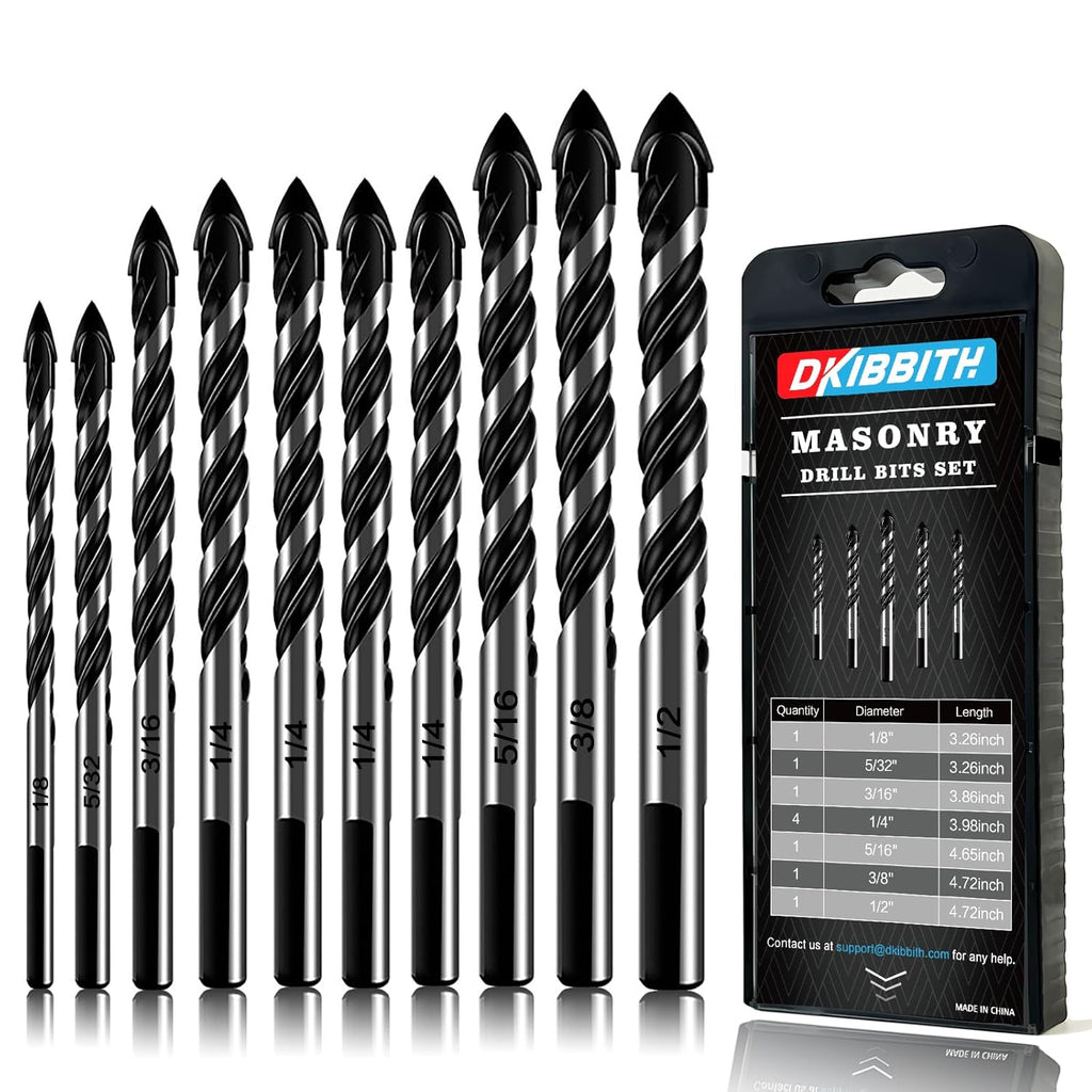 10-Piece Masonry Drill Bit Set for Concrete Tile Glass Ceramic Brick,1/8 to 1/2 Inch Drilling Bits with Triangle
