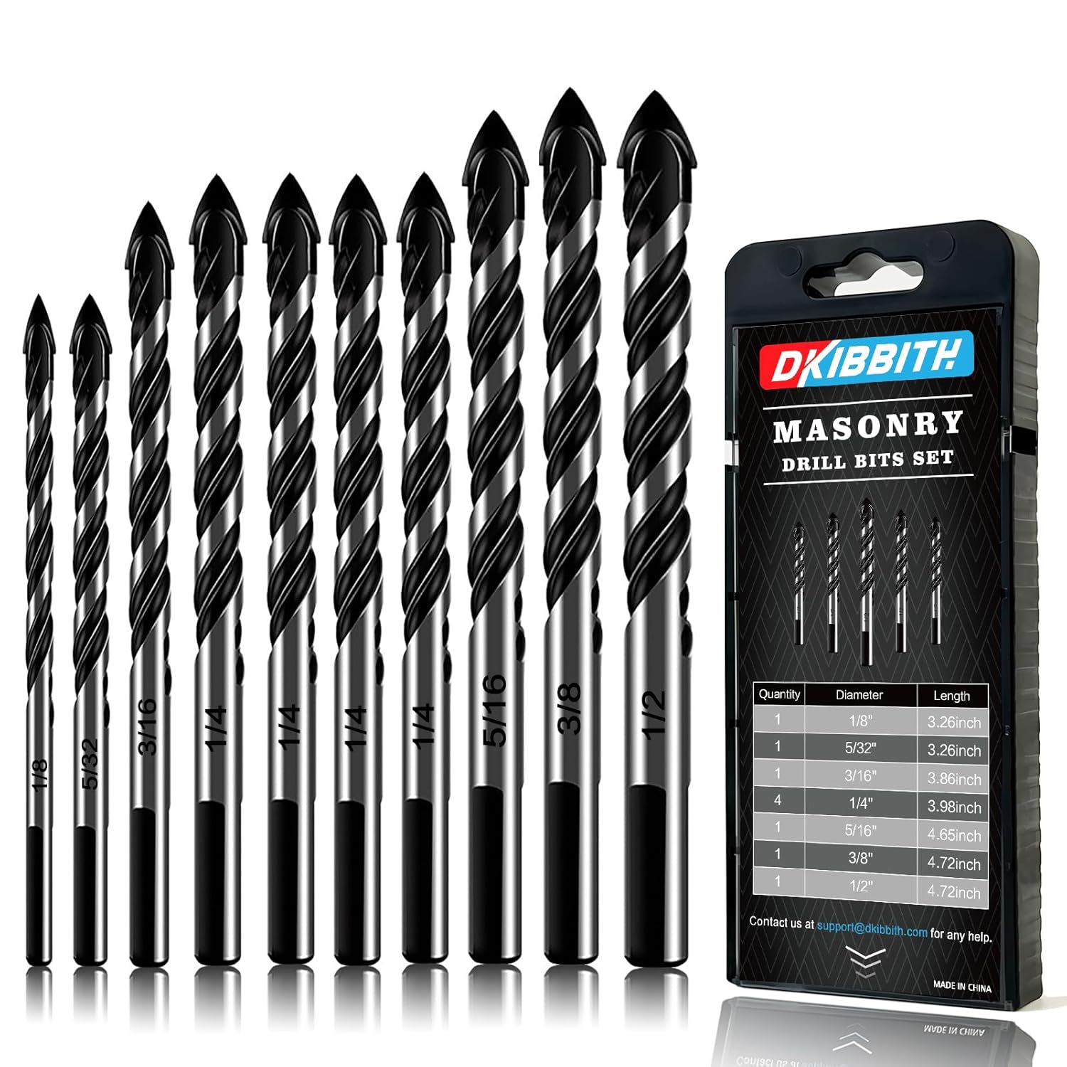 10-Piece Masonry Drill Bit Set for Concrete Tile Glass Ceramic Brick,1/8 to 1/2 Inch Drilling Bits with Triangle