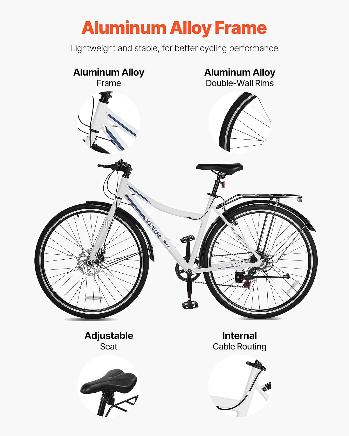 Hybrid Bike, Lightweight Aluminum Frame Bike, 700c Wheel Men Women Hybrid Bicycle, Step-Over/Step-Through Adult Urban