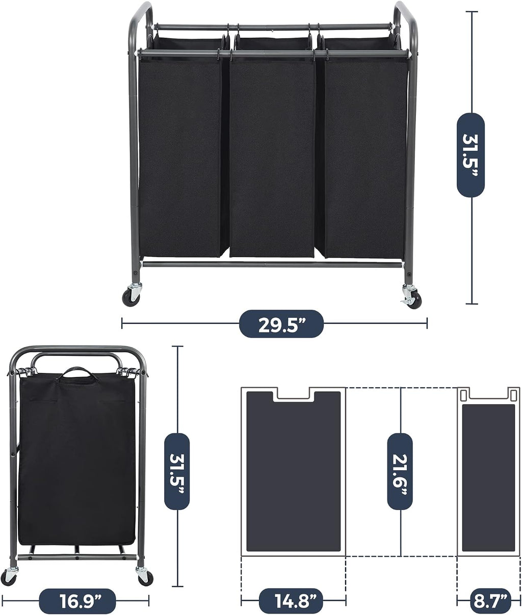 Laundry Sorter 3 Section, 3 Bag Clothes Hamper, Rolling Laundry Cart Basket with Heavy Duty Lockable Wheels and