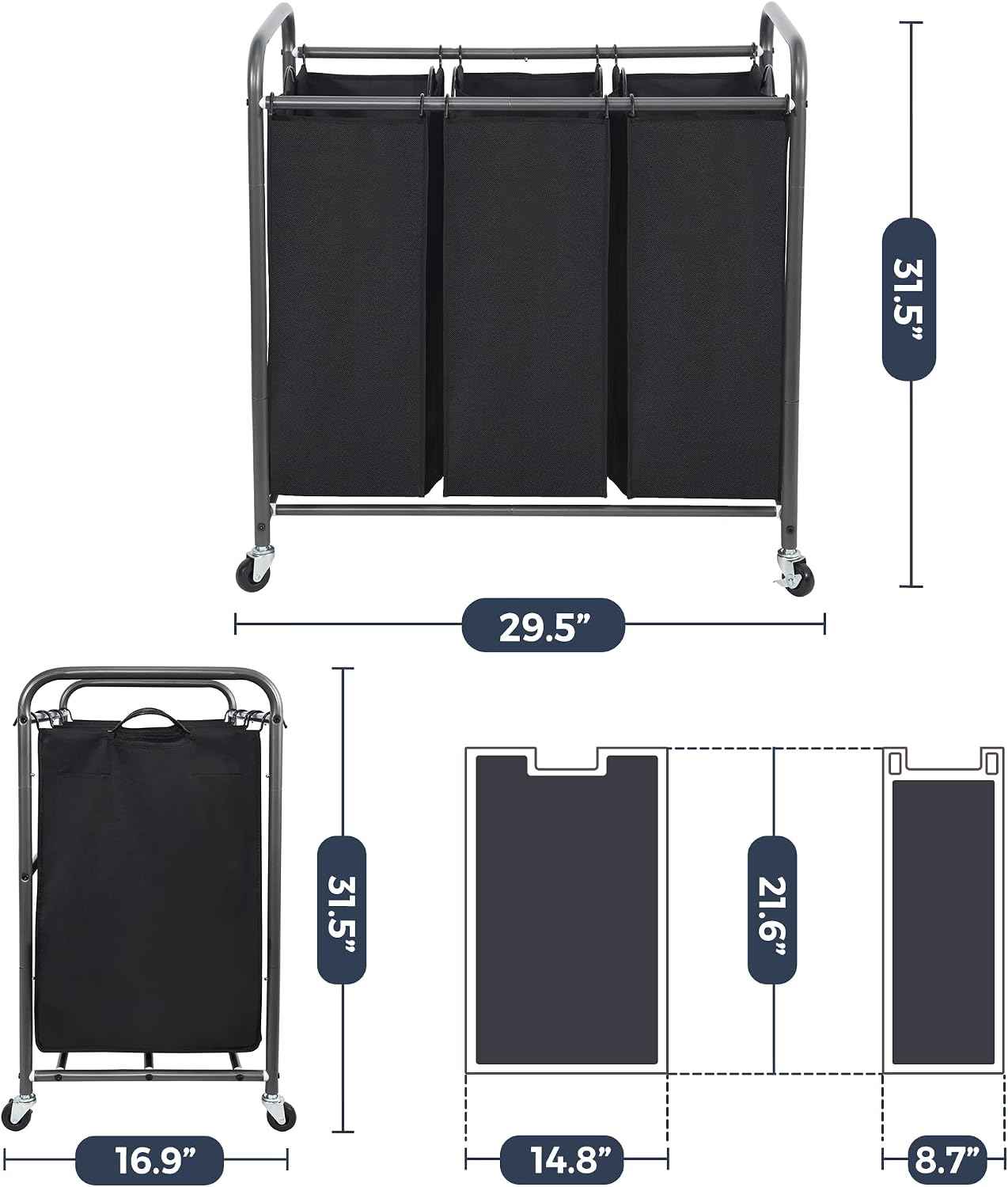 Laundry Sorter 3 Section, 3 Bag Clothes Hamper, Rolling Laundry Cart Basket with Heavy Duty Lockable Wheels and