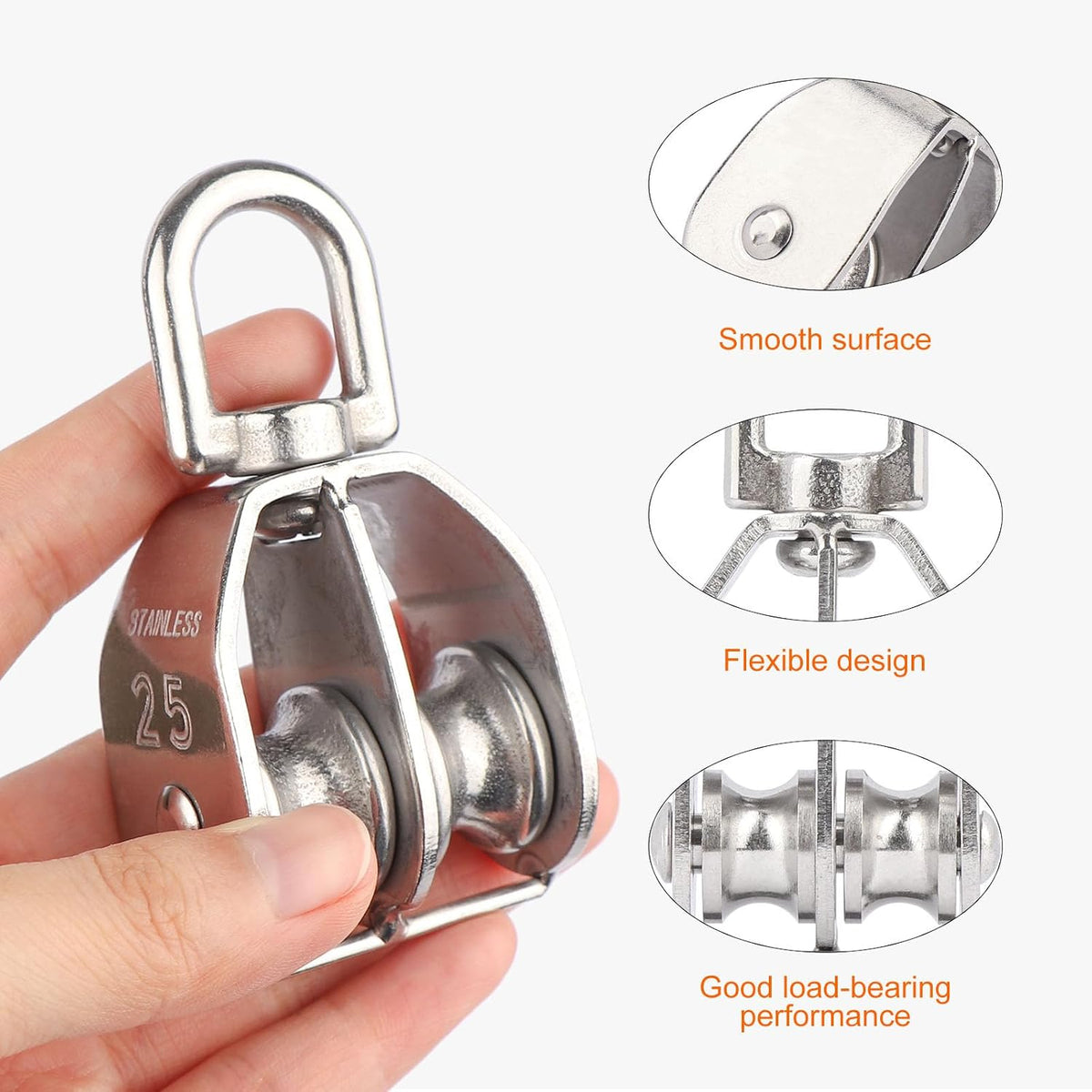 2PCS M25 Double Sheave Pulley Block 304 Stainless Steel Lifting Crane Swivel Hook