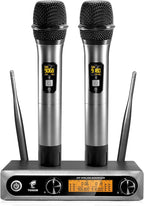 Wireless Microphones System, 2 * 15 Channel Dynamic Mics Silver*2 | UHF Handheld Metal Mic with Receiver, Pro