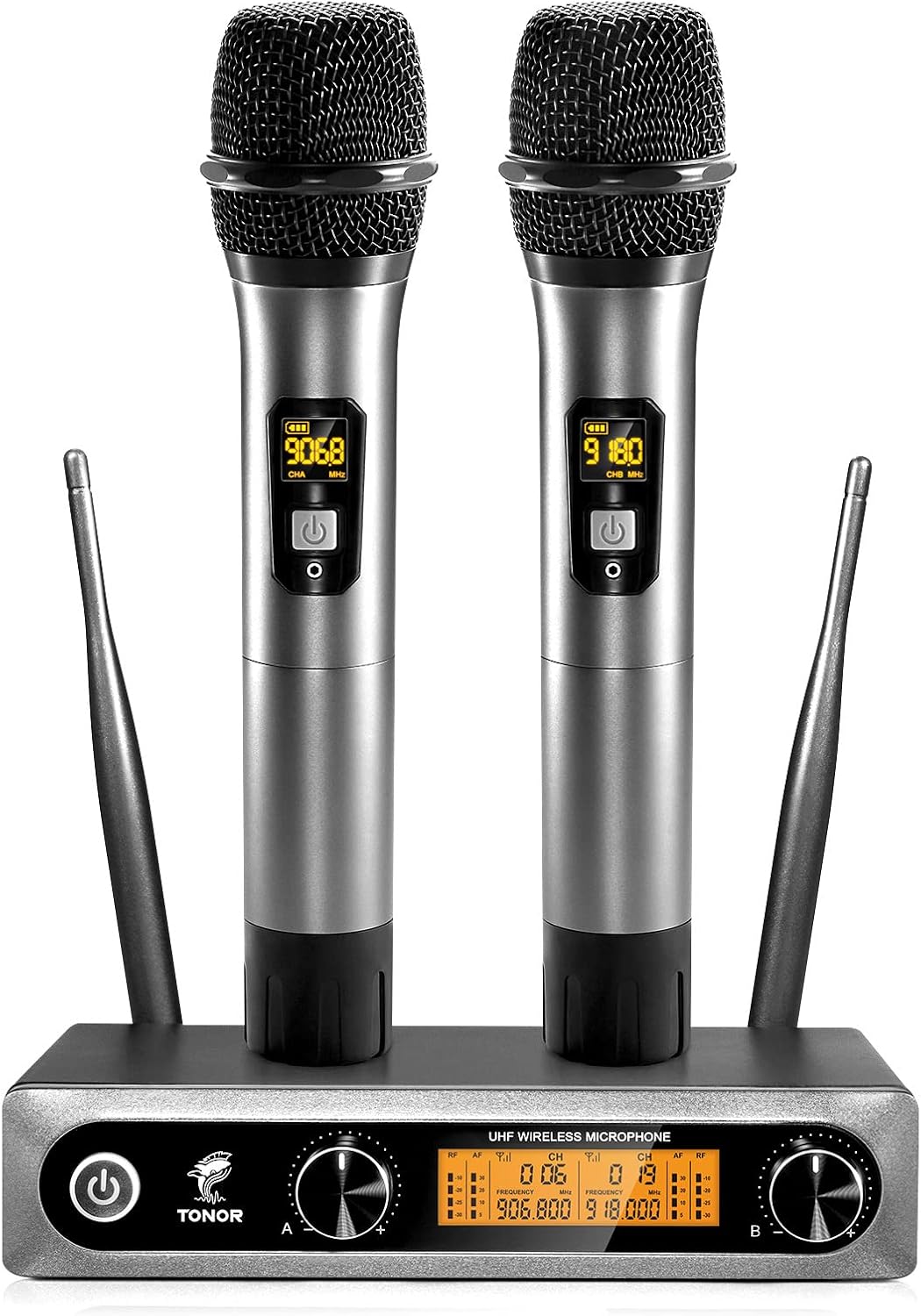 Wireless Microphones System, 2 * 15 Channel Dynamic Mics Silver*2 | UHF Handheld Metal Mic with Receiver, Pro