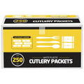 250 White Plastic Cutlery Packets - Knife Fork Spoon Napkin Salt Pepper Sets, Individually Wrapped Disposable Silverware