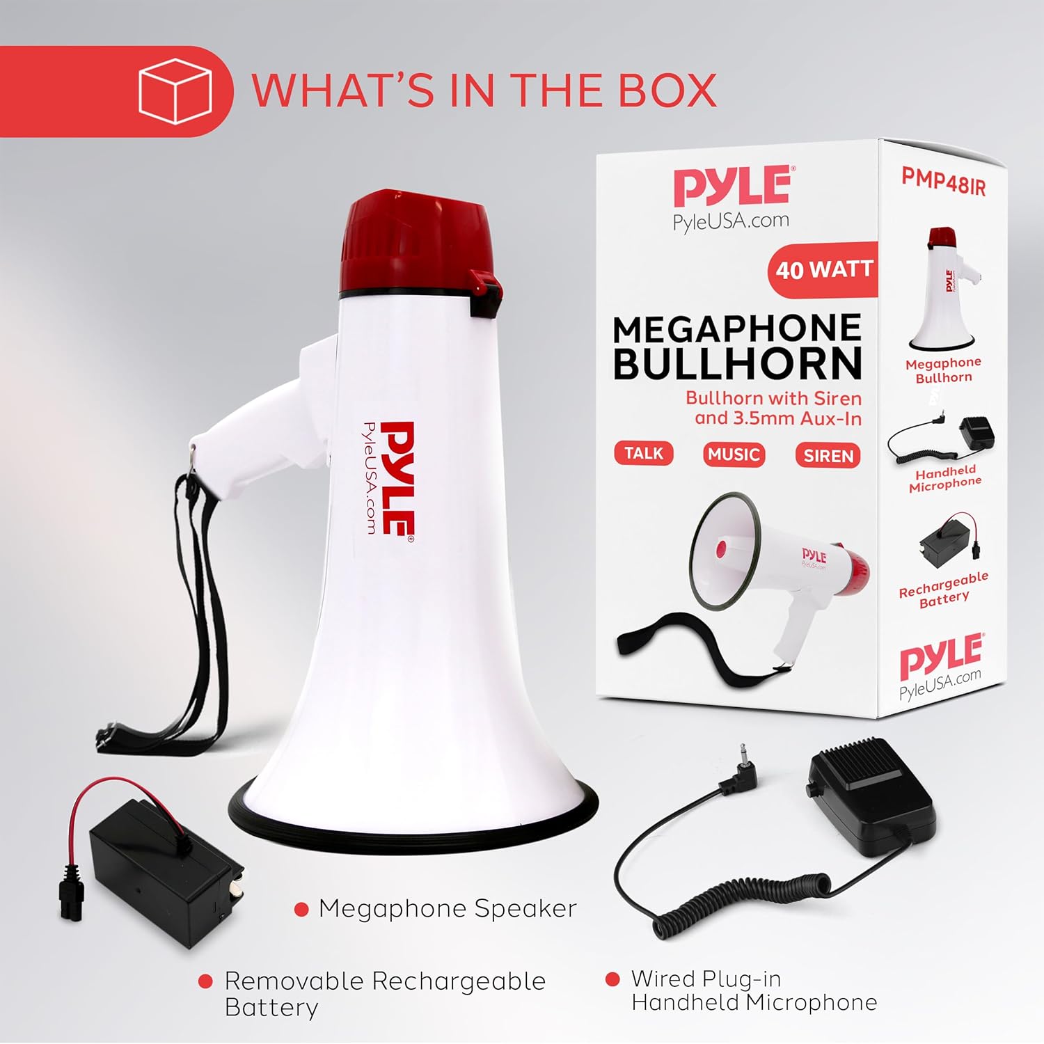 Megaphone Speaker PA Bullhorn - Built-in Siren Rechargeable Battery, Auxiliary Jack 40Watts & 1400 Yard Range