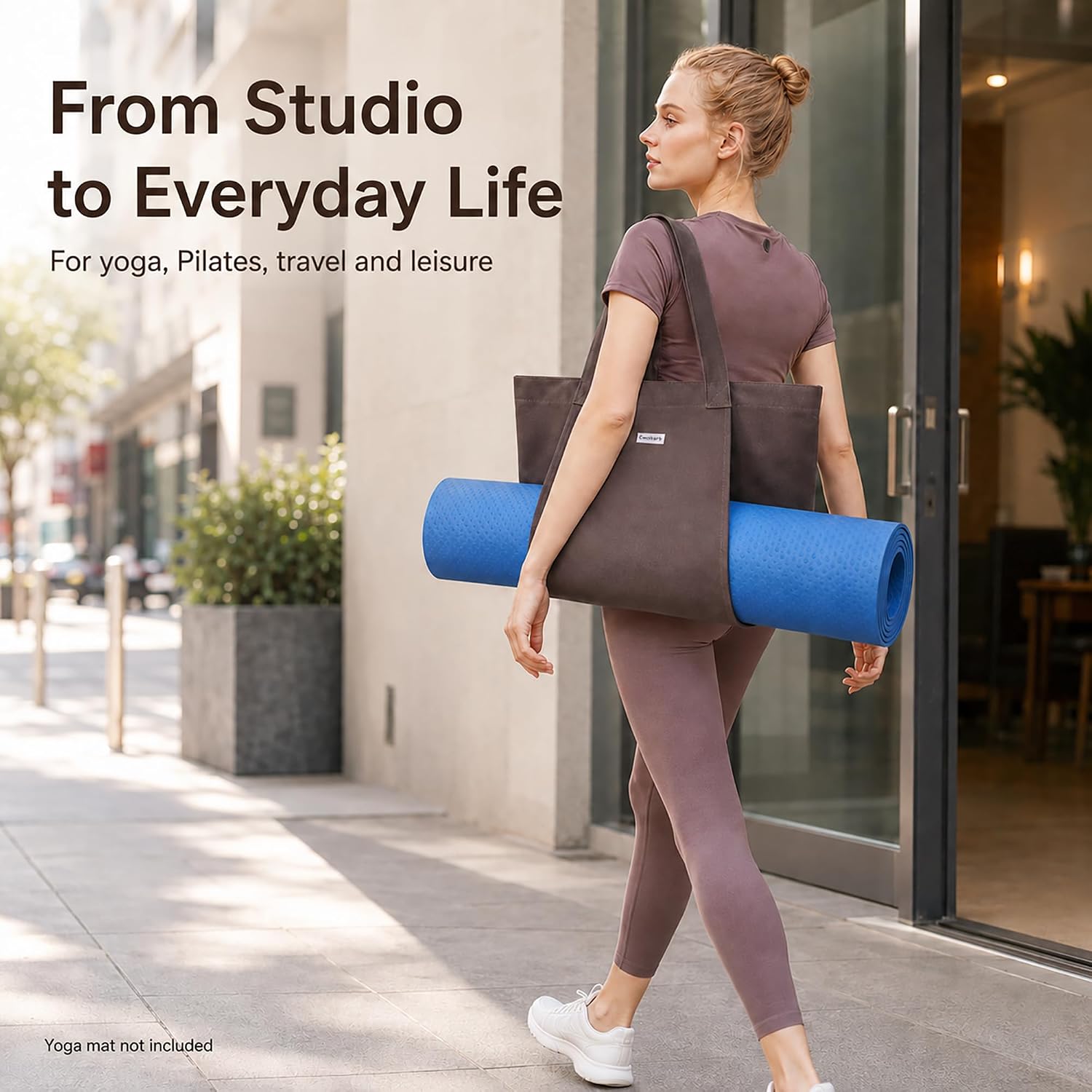 Yoga Mat Bag for Women, Pure Cotton Canvas Yoga Tote with Wet/Dry Pocket, Bottle Holder & Inner Zipper Pocket, Yoga
