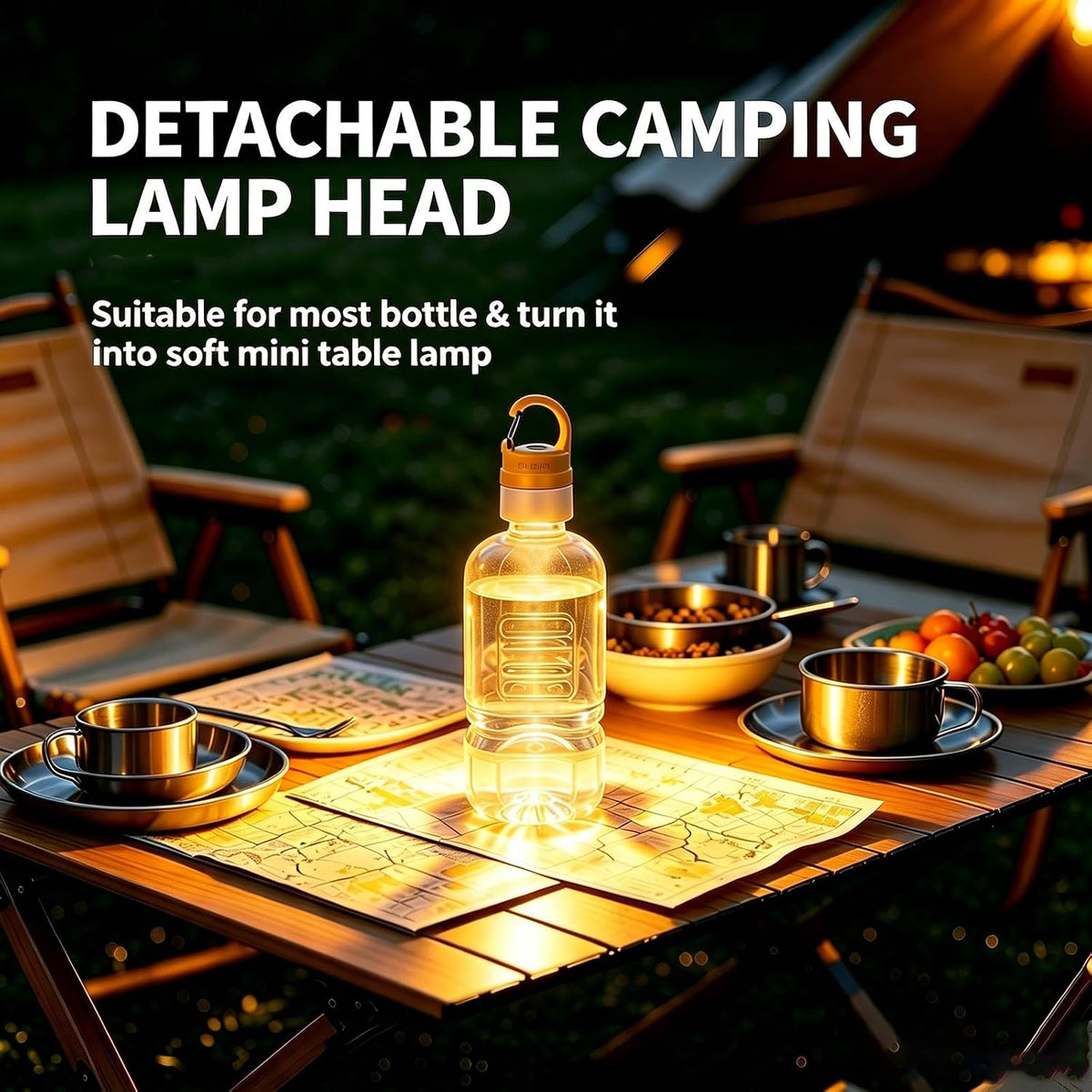 Portable LED Camping Light Detachable Light Head DIY Water Bottle Lamp, Rechargeable Lantern Hanging Tent Light, RGB