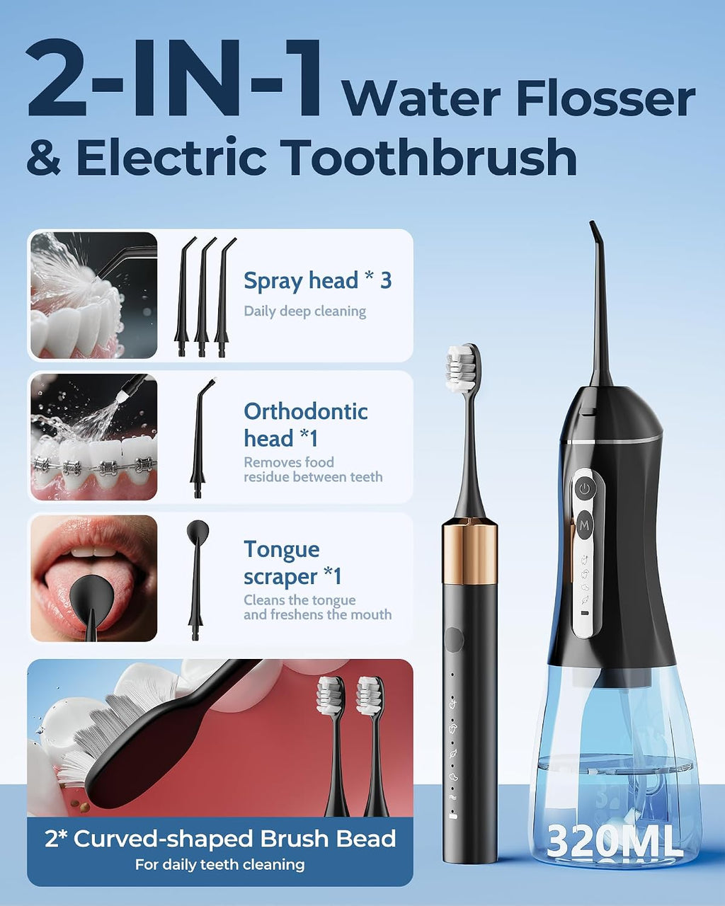 Electric Toothbrush with Water Flosser for Teeth, Sonic Electric Toothbrush and Electric Floss for Adults and Kids
