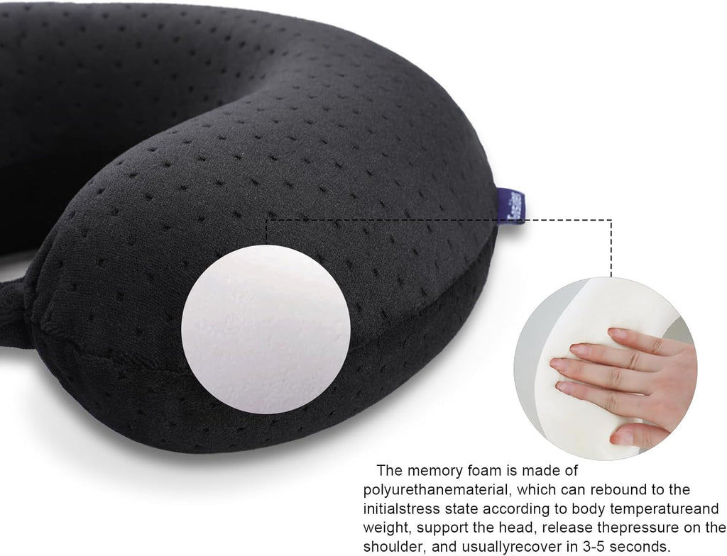 Black Travel Neck Pillow Memory Foam Airplane Pillow for Neck and Head Support Soft Portable U Shape Neck Pillow for