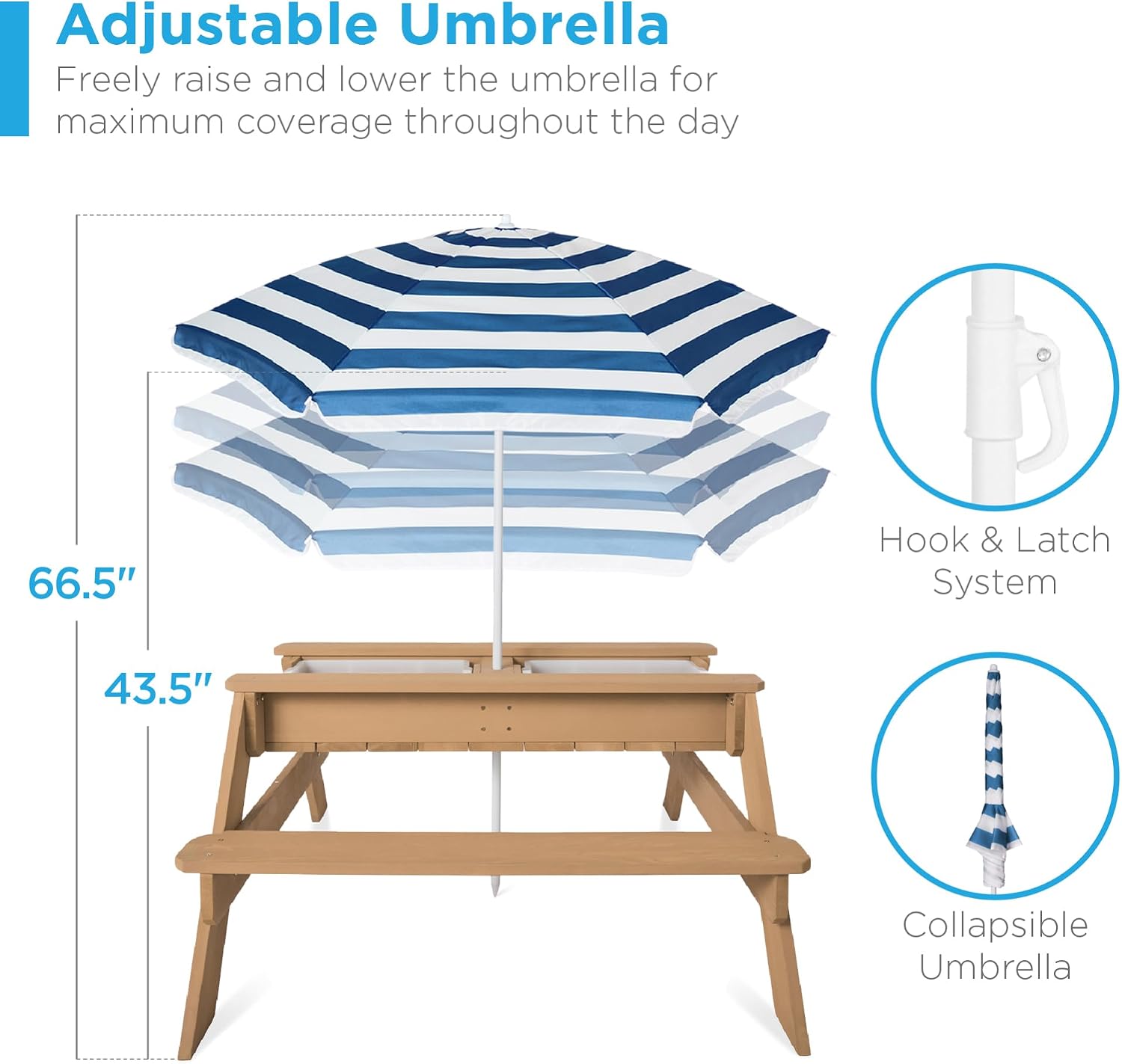 Kids Picnic Table with Umbrella, 3-in-1 Sand & Water Table, Outdoor Convertible Picnic Table for Toddlers, Seats 4