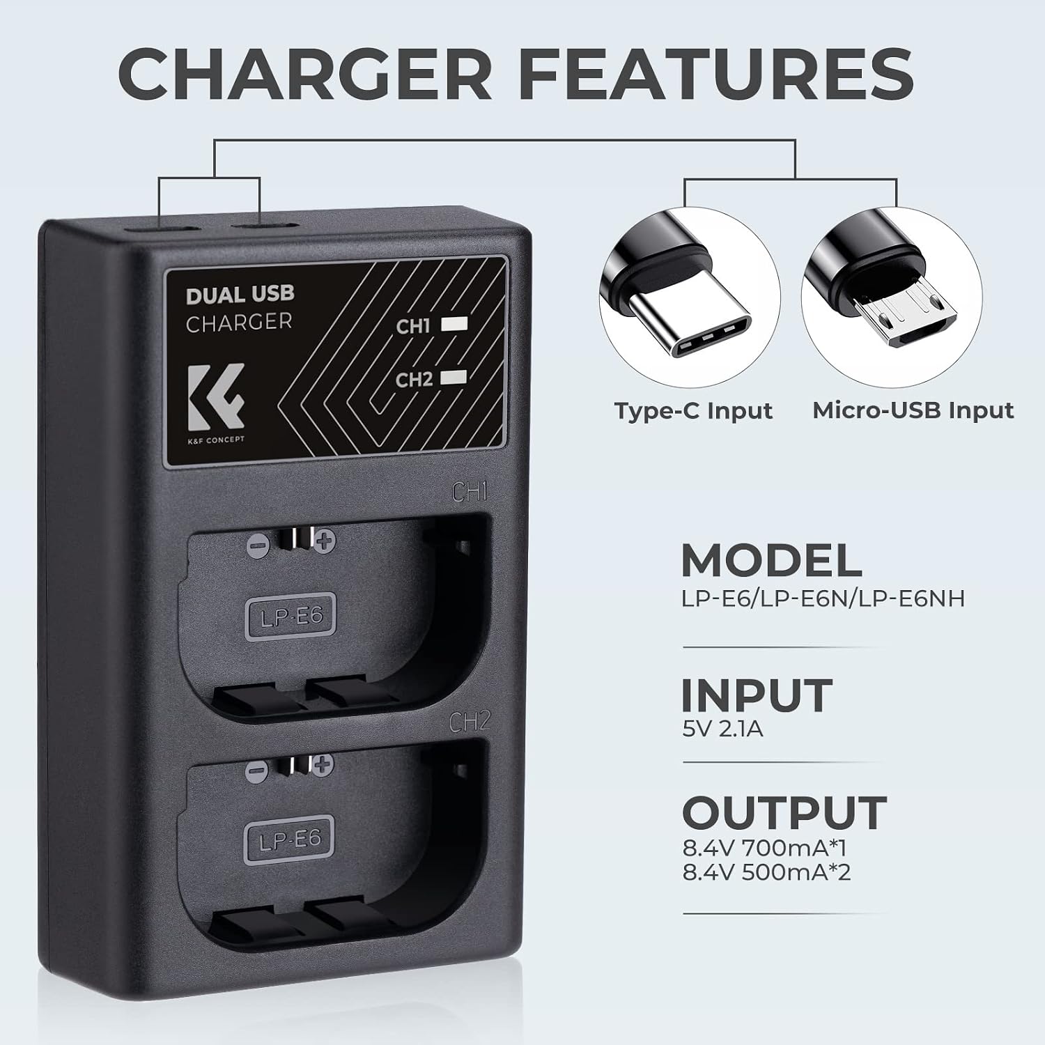 LP-E6/LP-E6N/LP-E6NH Battery Charger, Dual Slot Type-C/Micro USB Charger for Canon EOS R5 R6 RP R7, 5D 6D Mark IV, 5D