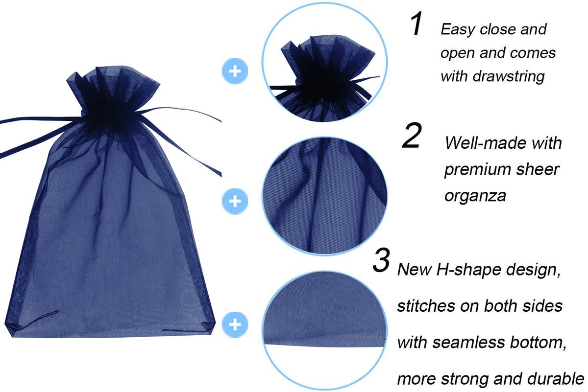 100 PCS 5"x7" Organza Bags Navy Blue Gift Bags with Drawstring