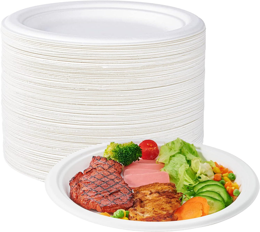 10 in 150 Pack White Compostable Disposable Paper Plates for Party