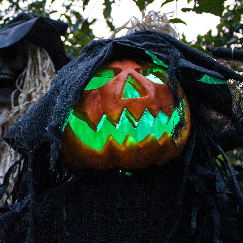 Life-Size Scary Poseable Pumpkin Witch, Halloween Prop with Touch Activated Lights and Sound, Battery Operated Indoor