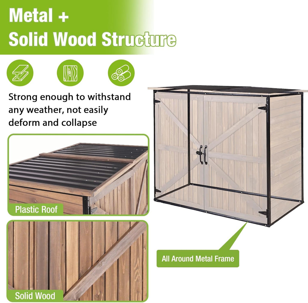 Weatherproof Outdoor Trash Can Shed, Outdoor Storage Shed with Strong Metal Frame, Wooden Garden Sheds with