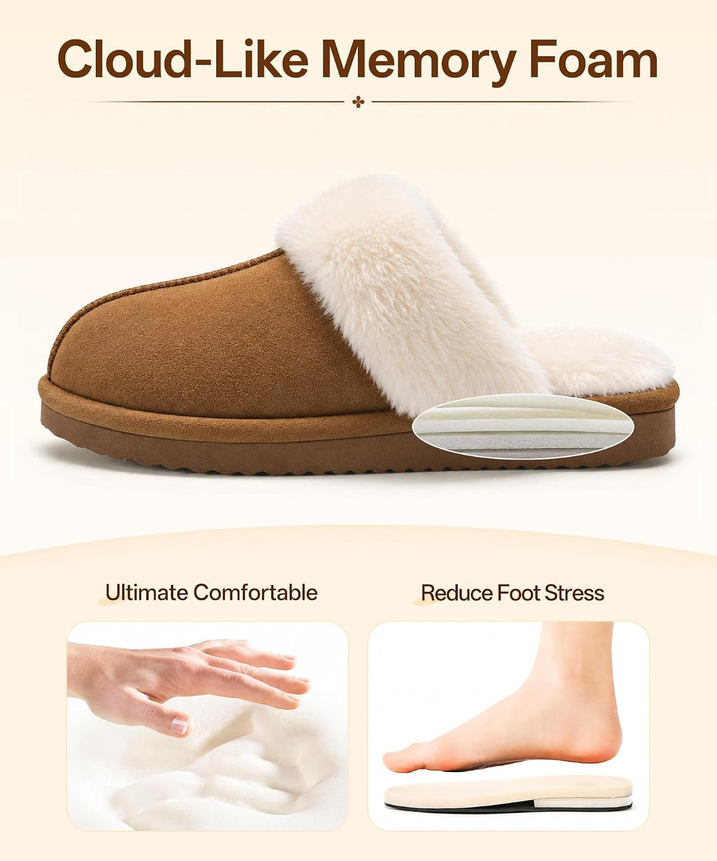Fuzzy Memory Foam Slippers for Women Indoor Outdoor House Shoes | Fluffy Plush Lining, Non-slip Hard Sole, Faux