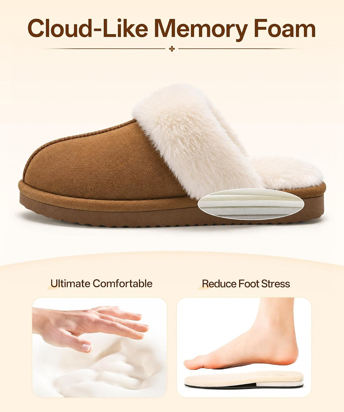 Fuzzy Memory Foam Slippers for Women Indoor Outdoor House Shoes | Fluffy Plush Lining, Non-slip Hard Sole, Faux