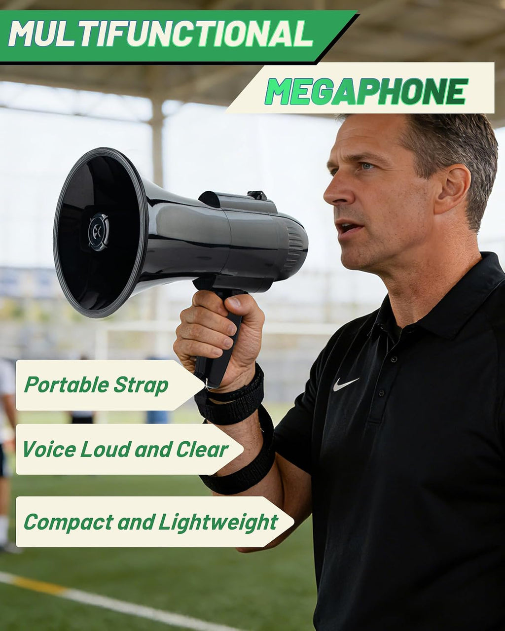 30 Watt Black Rechargeable Megaphone Bullhorn Speaker, Siren and 240s Recording, Portable Megaphone with Strap and
