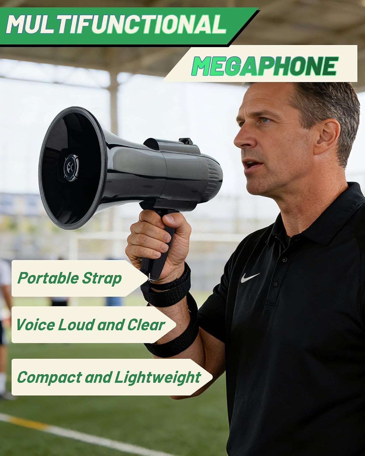 30 Watt Black Rechargeable Megaphone Bullhorn Speaker, Siren and 240s Recording, Portable Megaphone with Strap and