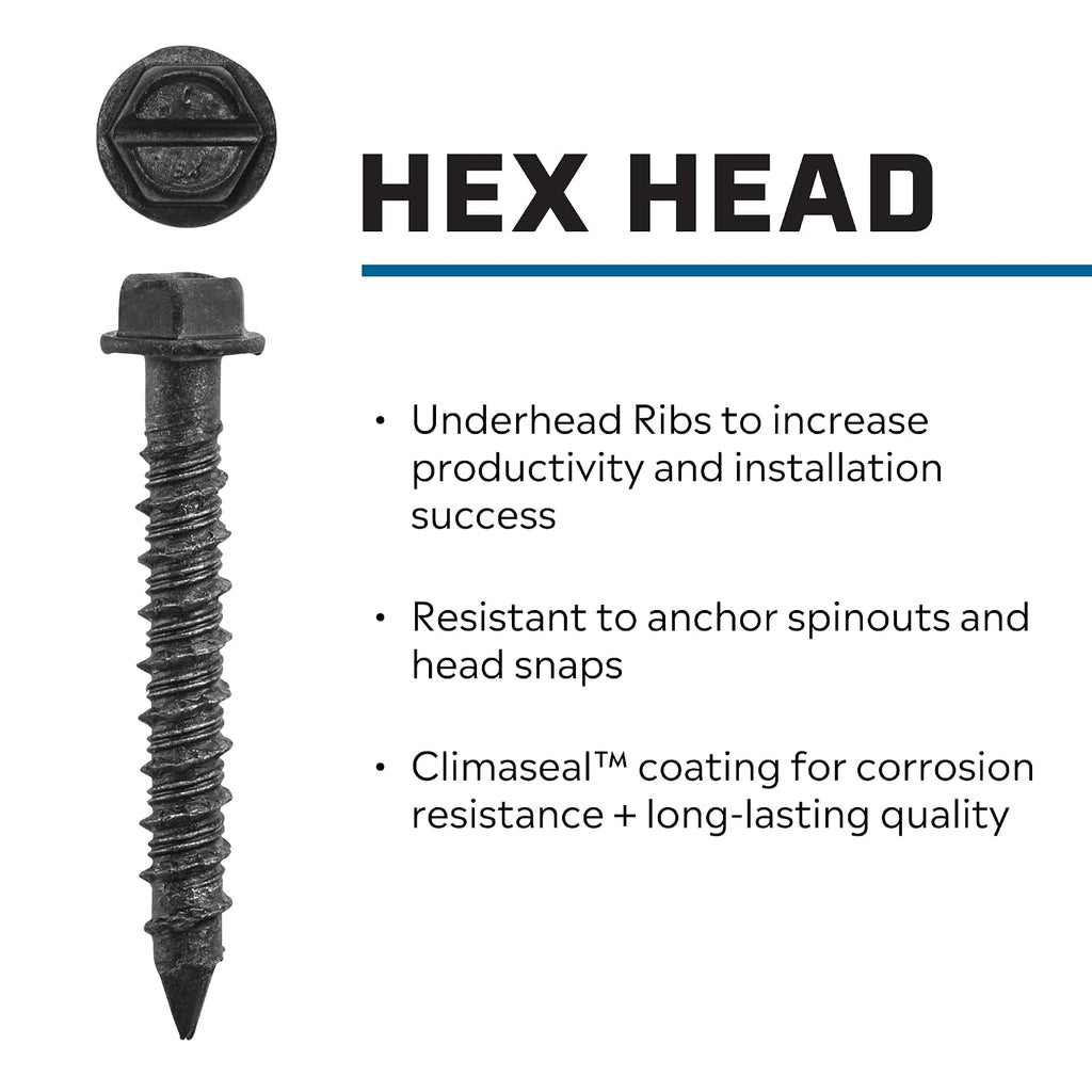 1/4 x 2-1/4" Hex Head Climaseal Concrete Screws, Black, 75 PCS