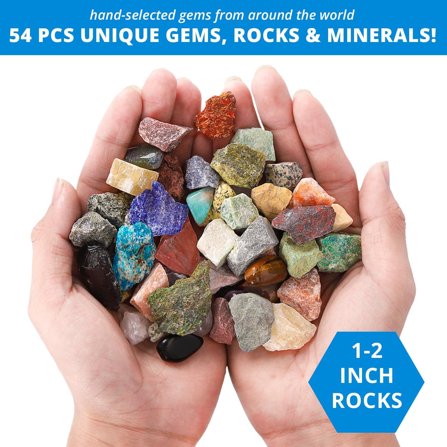 Rock Collection Starter Kit, 54 Rocks & Minerals with Name Labels | 9 Polished Gems, 45 Crystals & Stones, Rock ID