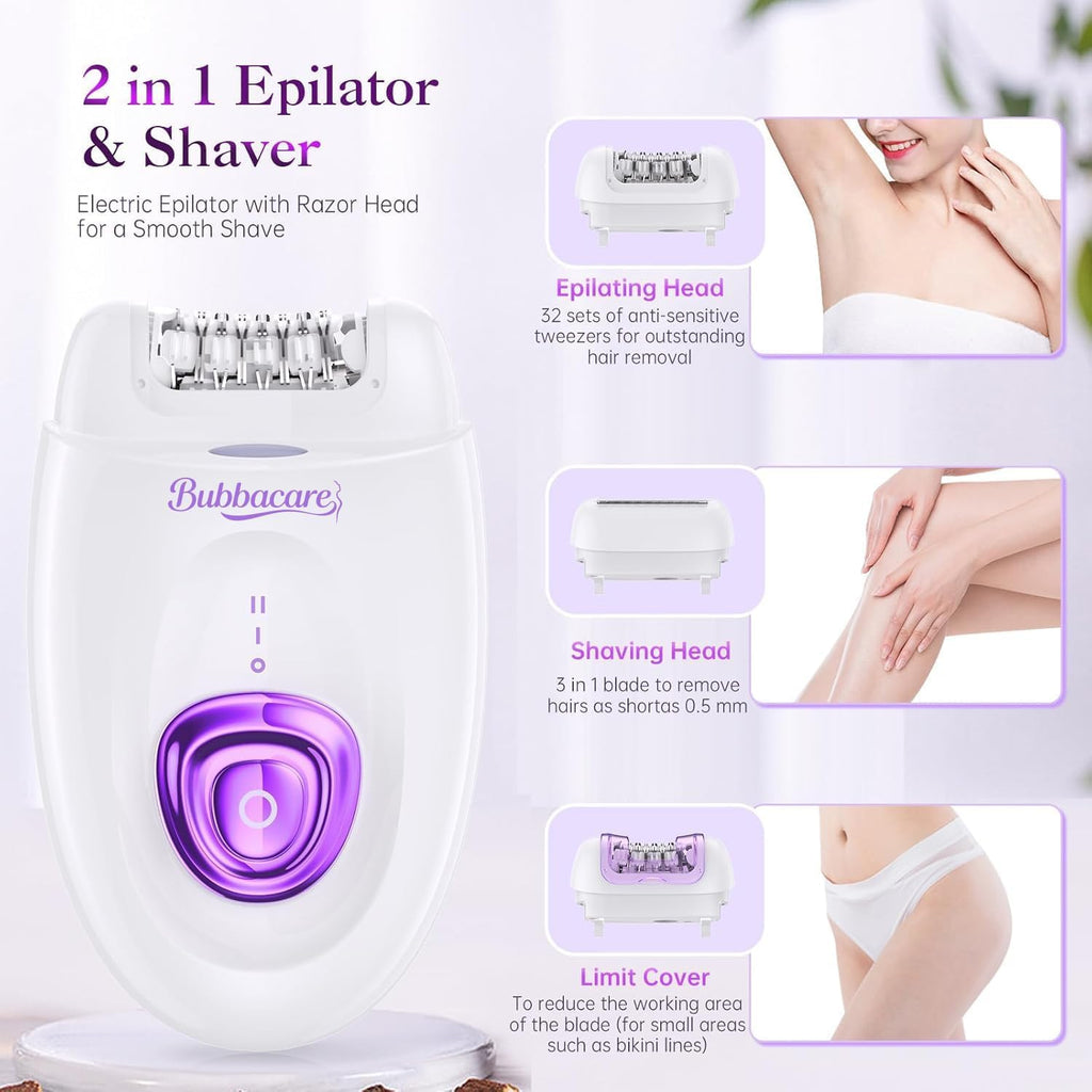 Epilator for Women, Cordless Facial Hair Removal Device with Shaver Head and Trimmer, Smooth Glide Epilators 2 Speeds