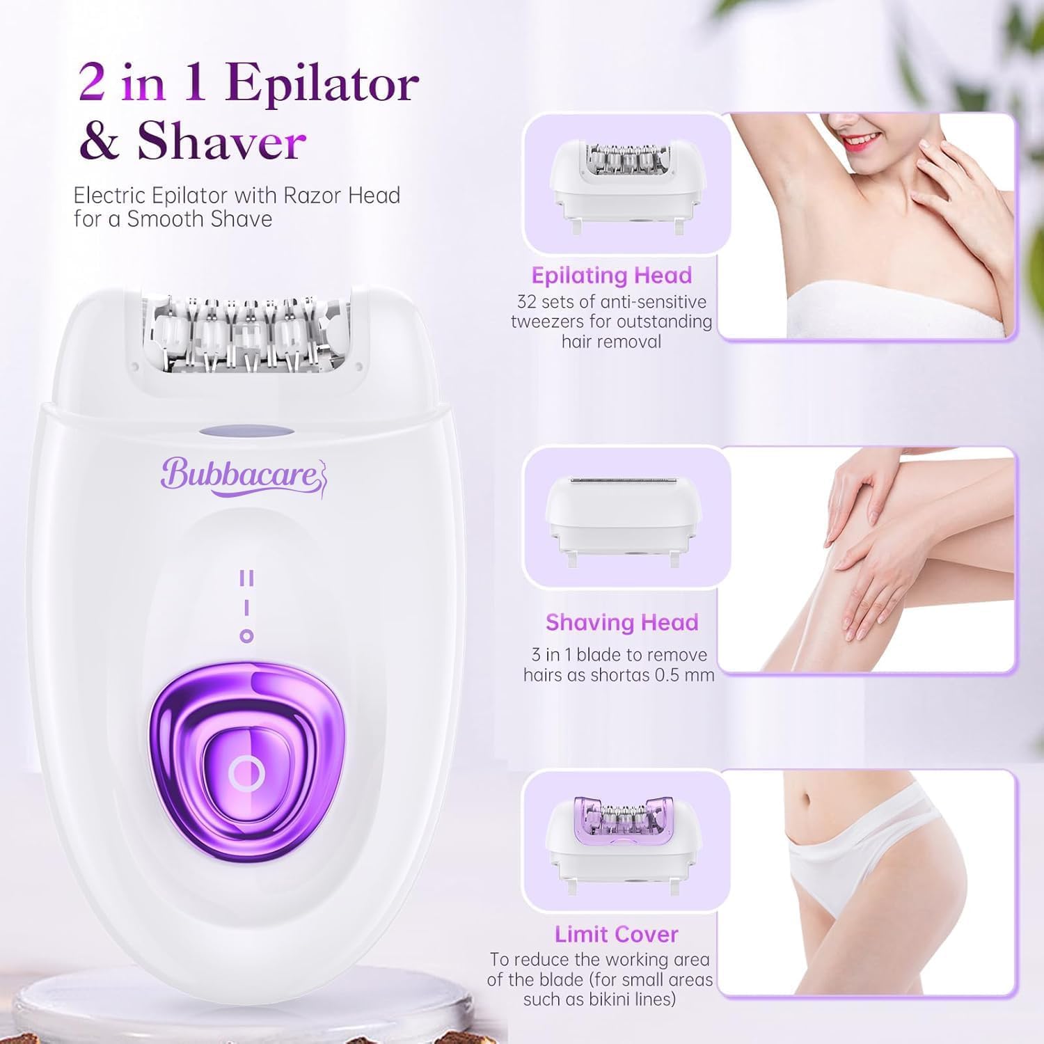 Epilator for Women, Cordless Facial Hair Removal Device with Shaver Head and Trimmer, Smooth Glide Epilators 2 Speeds
