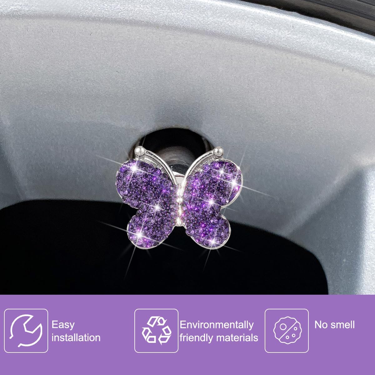 4PCS Bling Butterfly Rhinestone Tire Valve Stem Caps, Purple