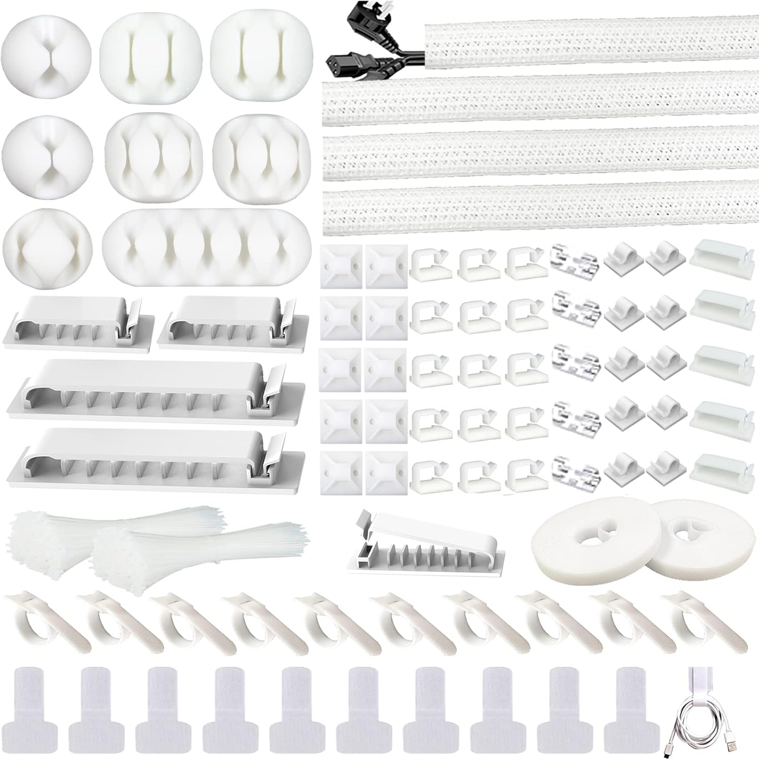White Cable Management Organizer Kit 4 Cable Sleeve Split,47Cable Clips 12Cord Clips Holder,22 Cable Ties, 20