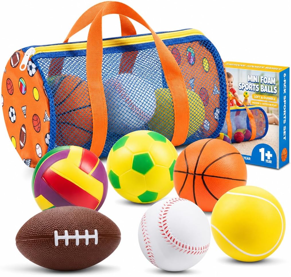 Soft Sports Balls for Toddlers (6-Pack) Foam Ball Set for Kids Ages 1-3 | Foam Soccer, Basketball, Football