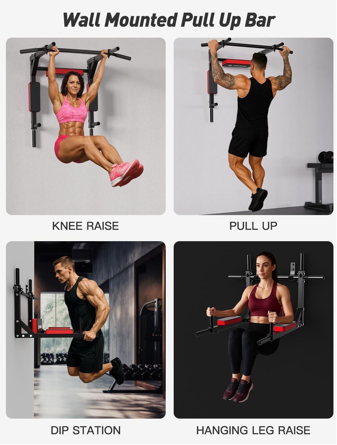 Multifunctional Wall Mounted Pull Up Bar, Chin Up Bar and Dip Station, Heavy Duty Steel Supports to 440 Lbs, Home Gym