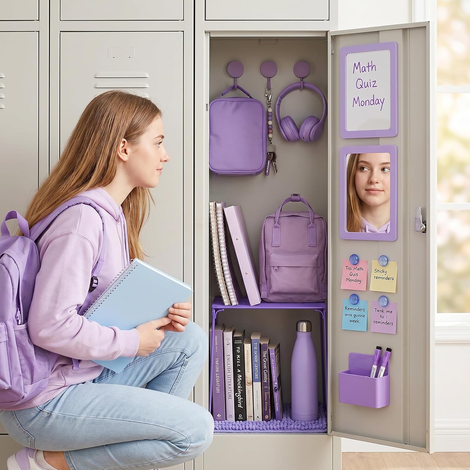 Purple Locker Organizer Accessories with Locker Shelf Whiteboard Mirror Pen Blanket Magnetic Pen Holder Hook Round