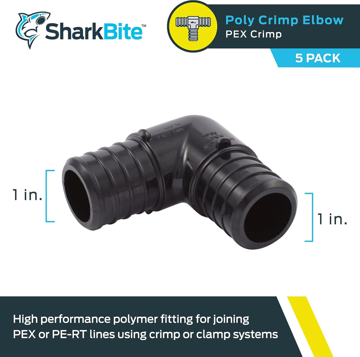 SharkBite 1 Inch Poly Crimp 90 Degree Elbow, Pack of 5, PEX Pipe, PE-RT, UP260A5