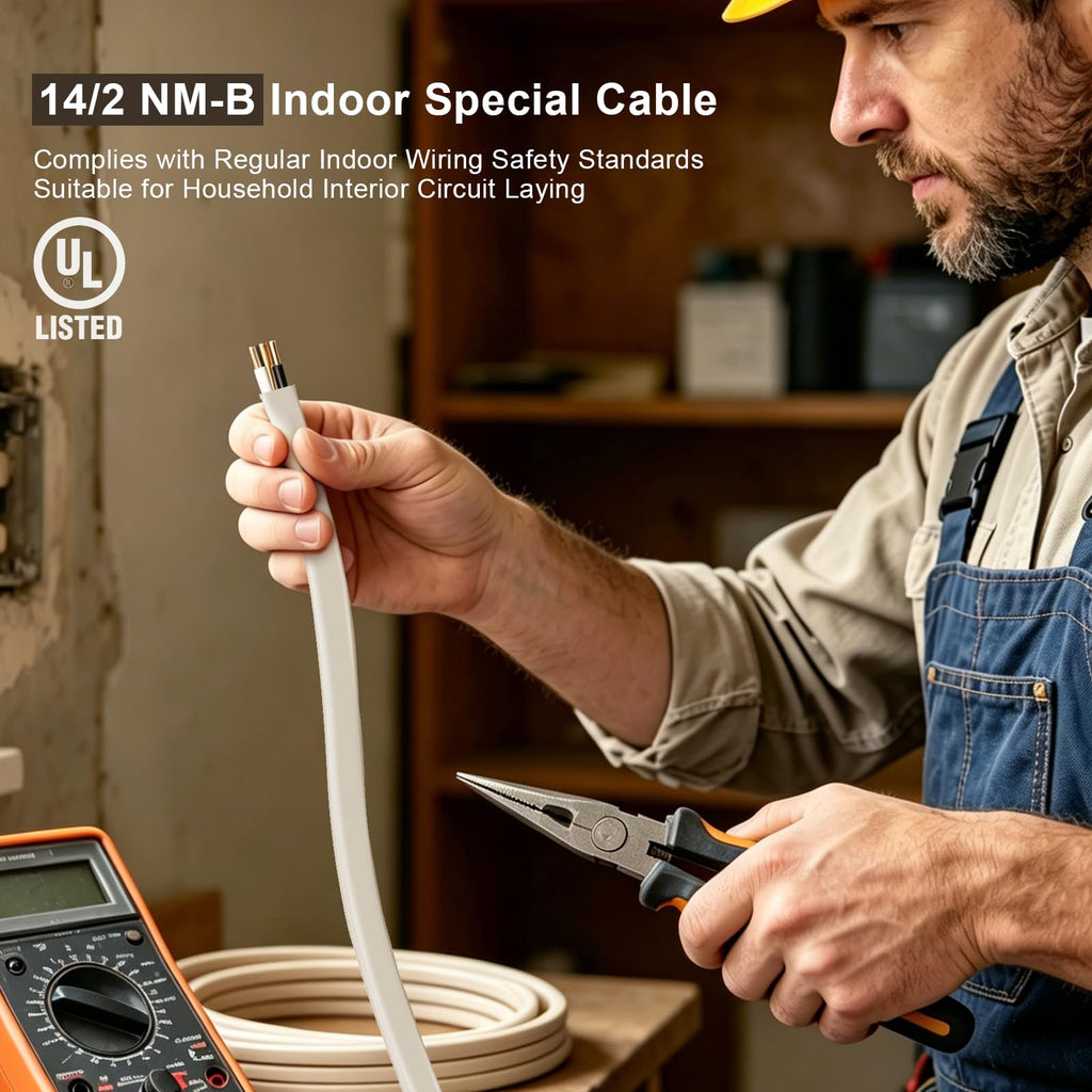 14/2 NM-B Cable 50 FT, 14/2 AWG Solid Copper Wire, 15A 600V 105°C