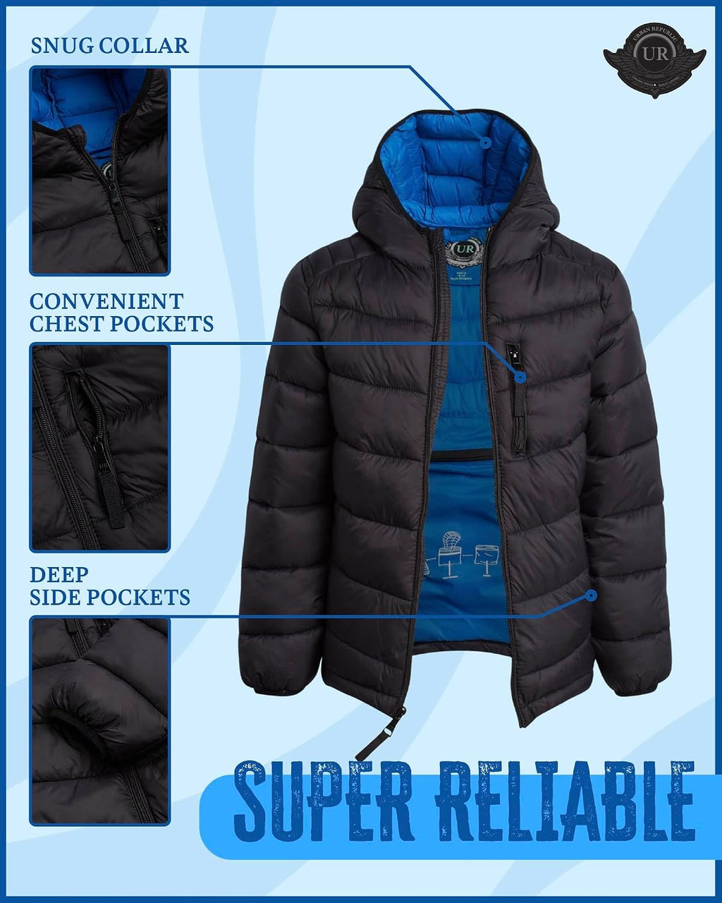 Boys Puffer Jacket - Packable Warm Insulated Hooded Boys Winter Coat with Pockets (Sizes 4-20)