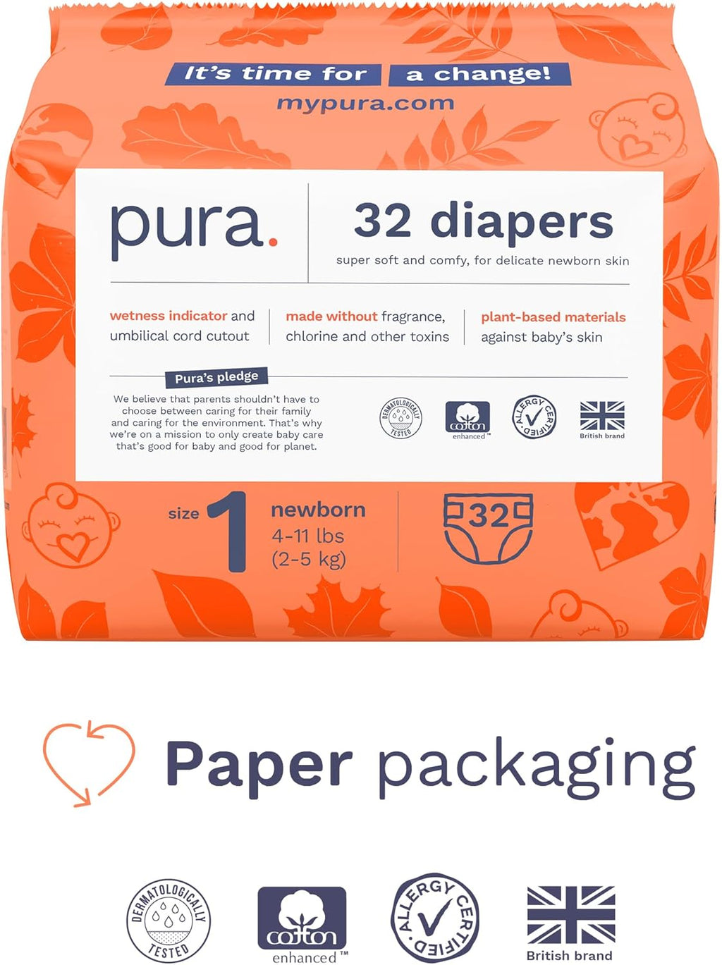 Hypoallergenic Diapers, Size 1 (4-11 lbs), Newborn, Totally Chlorine Free, Wetness Indicator, Suitable for Sensitive