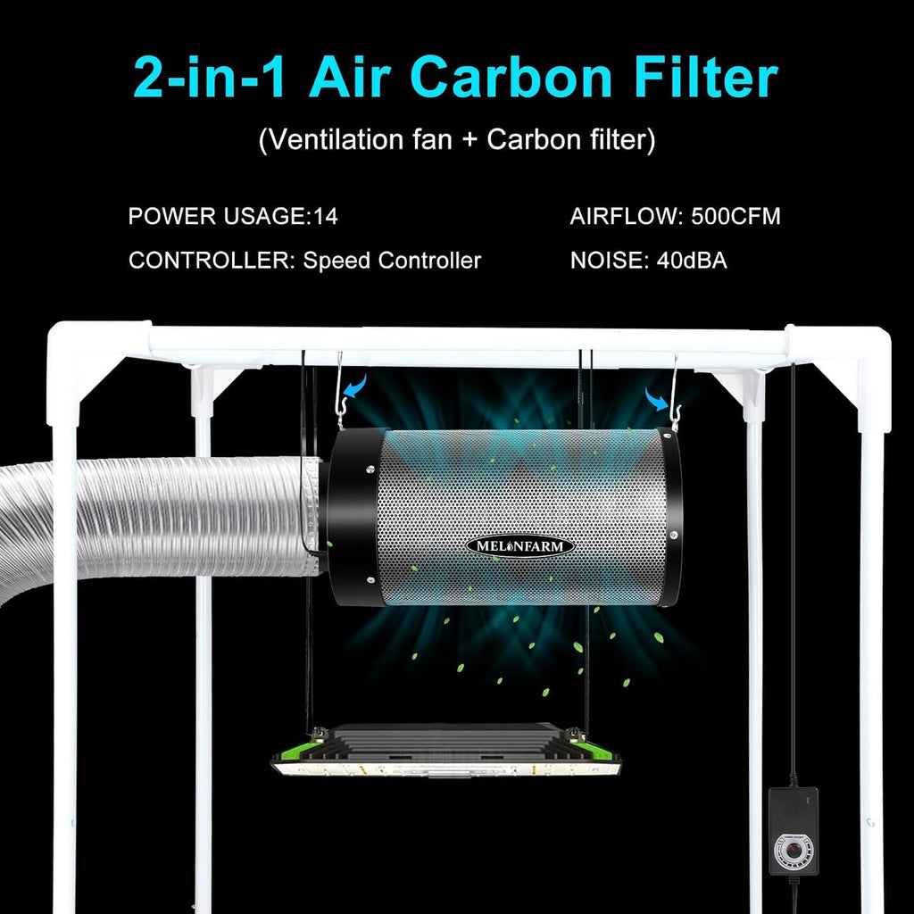 Air Filtration Kit 4", Built-in 14cm Fan Low Nois Carbon Filter with 12-Speed Controller, 8' Ducting, Cooling &