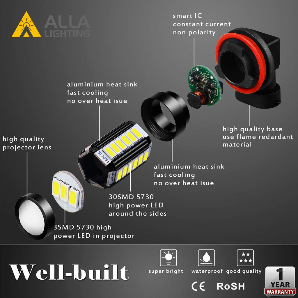 Super Bright H8 H11 LED Fog Lights Bulbs or DRL, 6000K Xenon White H16 H11LL H8LL H1155 Replacement, 2800Lms 5730