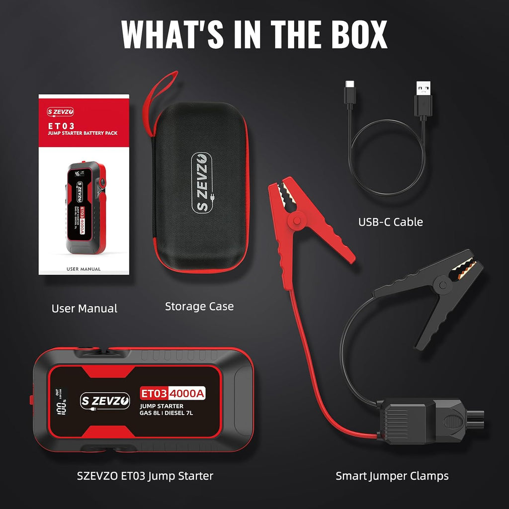 ET03 Car Jump Starter 4000A Jump Starter Battery Pack for Up to 8.0L Gas and 7.0L Diesel Engines, 74Wh Portable 12V