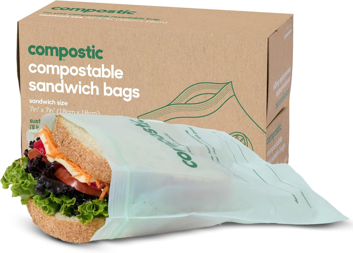Compostable Sandwich Bags XL, 100 Ct, Resealable Zip Food Storage
