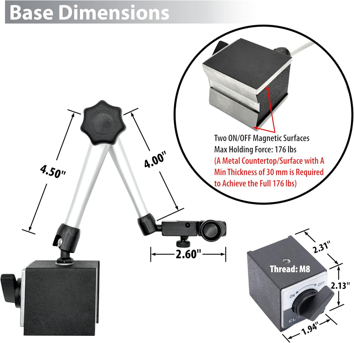 Clockwise Tools Magnetic Base, MGBR-01, Magnetic Stand for Digital Dial Indicators, 176lbs Max Pull